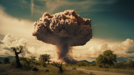 Danger, fire and nuclear explosion of bomb in countryside for battle, apocalypse and armageddon. Disaster, smoke and crisis with attack and mushroom cloud for ai generated, atomic and power