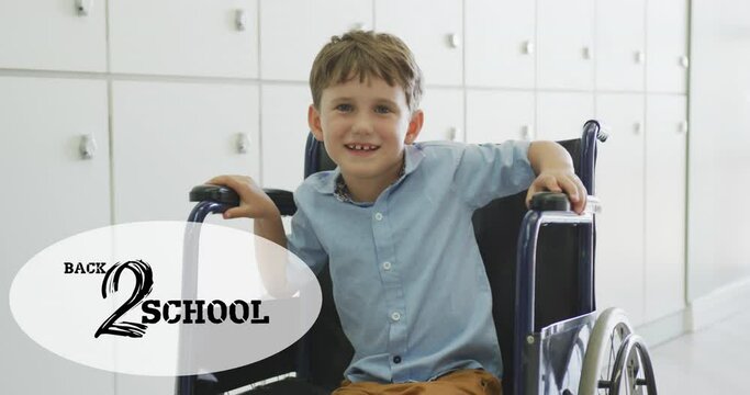 Animation of back to school text over happy caucasian schoolboy in wheelchair