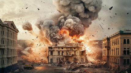 Fire, apocalypse and nuclear explosion of building in city for battle, smoke and armageddon. Catastrophe, crisis and danger with attack with mushroom cloud for ai generated, atomic nuke and power