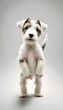 hyper realistic photography Fox terrier puppy with wire hair standing on its hind paws paws seen from above front view without dog leash on a white background with a nice smile happy face film grain 