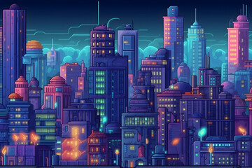 Building city retro style computer game background Pixel art 8 bit concept