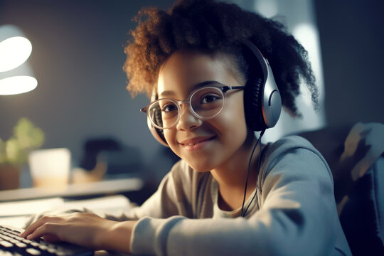 african american girl enjoy home schooling sitting at table with laptop using headset. generative AI