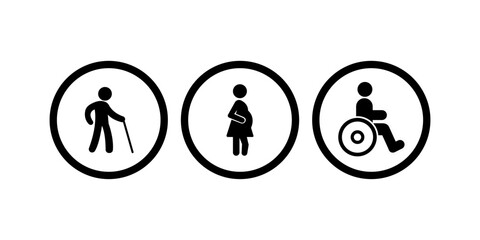 People silhouette icon set. Bathroom gender signs and health conditions symbols. Senior and disabled. Medical or navigation pictograms.