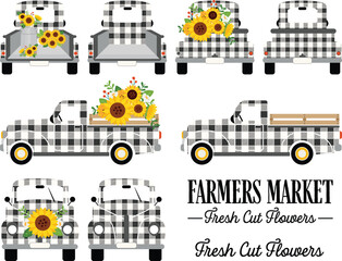 Vintage Truck with sunflowers, plaid