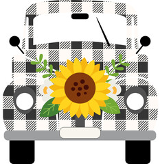 Vintage Truck with sunflowers, plaid