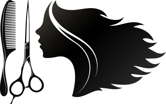 Scissors comb and silhouette of a girl with hair. Sign for beauty and hair salon