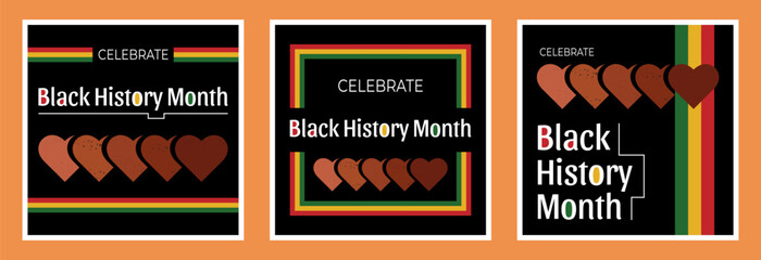 Black History Month square posters with line decoration, bright colors, hearts and text on a black background.