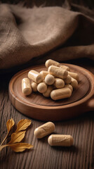 Fototapeta na wymiar Ashwagandha Capsules, ashwagandha capsules placed on a wooden surface, Soft natural light, neutral background, wooden board, burlap cloth, Earthy tones, yellow hue. Generative AI