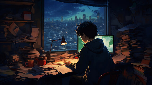 Cool Lofi boy studying at her desk Rainy or cloudy outside beautiful chill atmospheric wallpaper 4K streaming background lofi hiphop style Anime manga style
