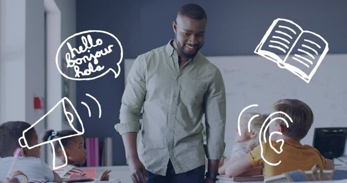 Animation of language icons over happy african american male teacher and pupils in class