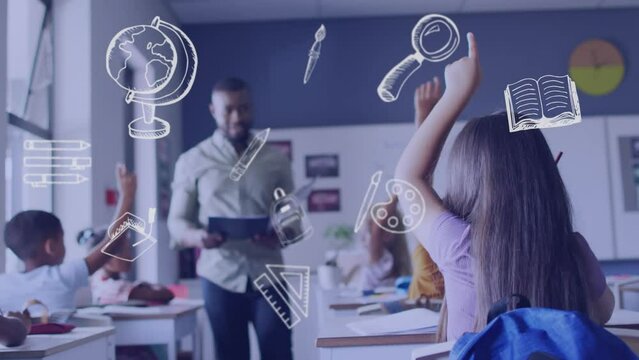 Animation of school icons over african american male teacher with tablet and pupils in class