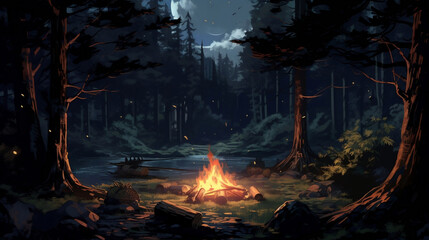 Japanese anime style bonfire in the forest wallpaper