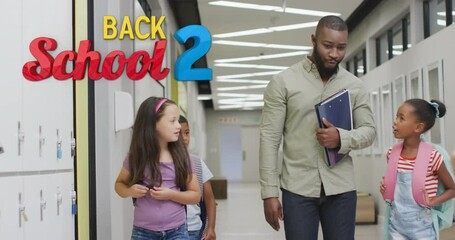 Animation of back 2 school text over happy diverse male teacher and schoolgirls talking in corridor - Powered by Adobe