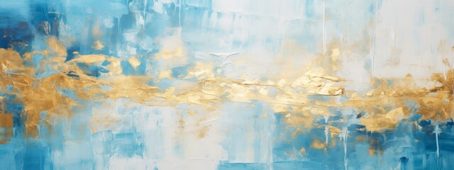 Closeup of abstract rough blue white gold art painting texture, with oil brushstroke, pallet knife paint on canvas (Generative Ai)
