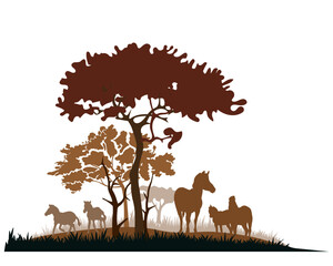 African savannah landscape with zebra silhouettes. Vector illustration.