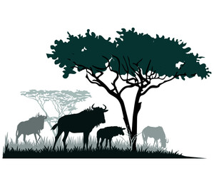 African savannah landscape with antelope wildebeest silhouettes. Vector illustration.
