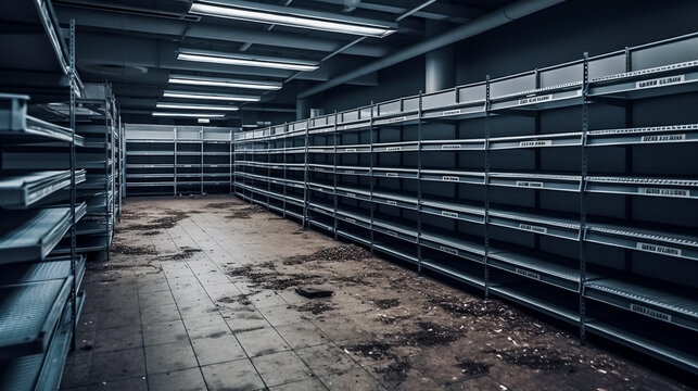 Lack of Goods.  Barren Shelves.  Empty Grocery Store. AI generated
