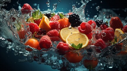 Fototapeta na wymiar Fresh fruits splashing into clear water. Generative AI.