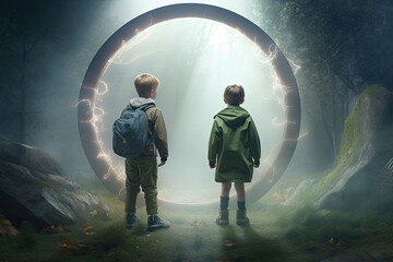Children in the forest in front of round portal to fantasy dimensions. Generative AI