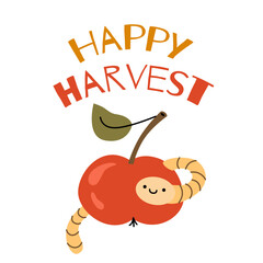 Happy harvest card. Fall vector design with apple and worm. Vector harvesting quote.