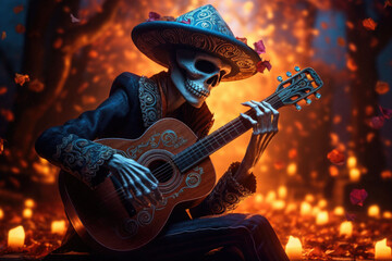 A skeleton mariachi playing the guitar. The Day of the Dead style. Generative AI