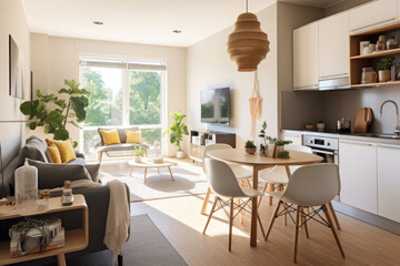 Fototapeta premium An interior in scandinavian style. Small living room and kitchen. Generative AI