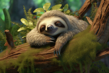 Fototapeta premium A sloth sleeping in the jungle. Lazy animal character. Generative AI