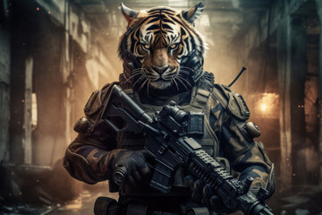 Fototapeta na wymiar Tiger in body armor and with a machine gun. Beast in an armor with glowing eyes. Generative AI