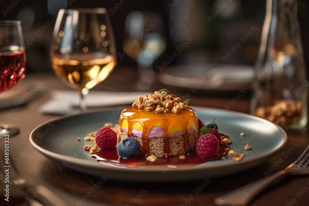 Wall mural beautifully decorated dessert with a glass of sweet wine. ai generated