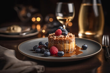 Beautifully decorated dessert with a glass of sweet wine. AI Generated