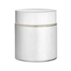 Cosmetic cream jar. Transparent glass round cosmetic package design product with blank paper label. Face cream pack, container template. Isolated, cut out