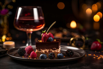 Beautifully decorated dessert with a glass of sweet wine. AI Generated