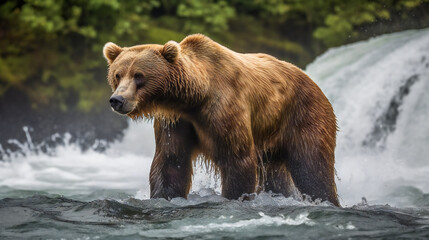 Obraz na płótnie Canvas Brown bear catches salmon at waterfall. Ai Generated