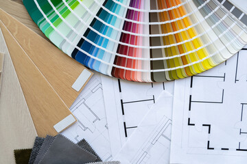 Home floor plans, building blueprint projects, color scheme palette guide catalog with colour...