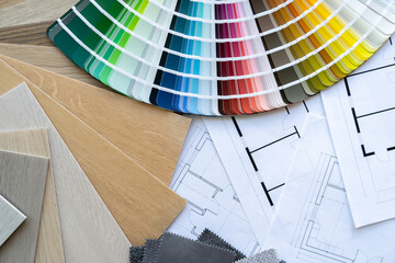 Home floor plans, building blueprint projects, open color palette guide catalog with colour...