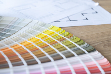 Color scheme palette guide catalog with colour swatches. Home floor plans, building blueprint...