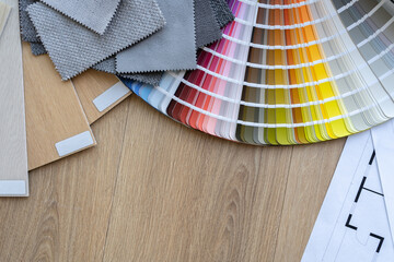 Color palette guide catalog with colour swatches. Wooden flooring and furniture material samples....