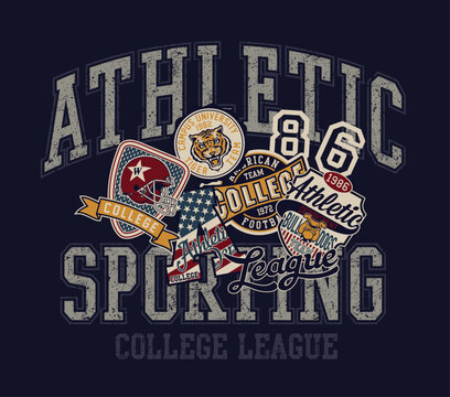 College American football team patches collage vintage vector print for man kid boy t shirt with embroidery applique patchwork