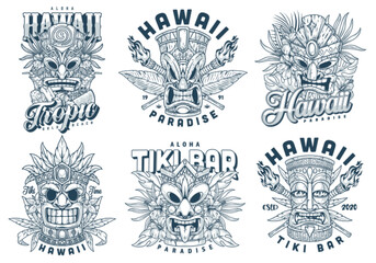 Fototapeta premium Hawaiian tiki mask set emblems
