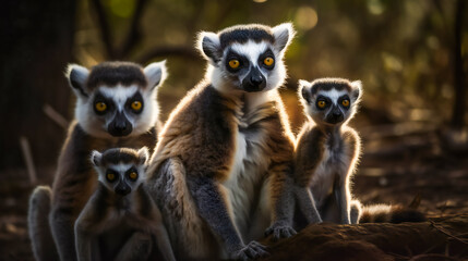 Obraz premium Curious Lemur Family Investigating Their Surroundings. Generative AI