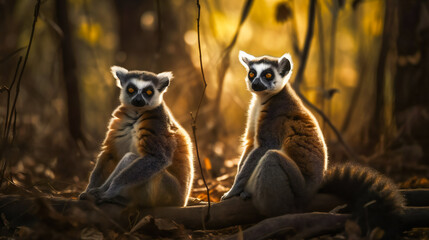 Fototapeta premium Curious Lemur Family Investigating Their Surroundings. Generative AI