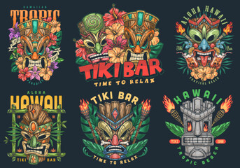 Tiki masks set logotypes colorful