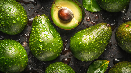 Glistening Drops on Fresh Avocado Background. Generative AI
