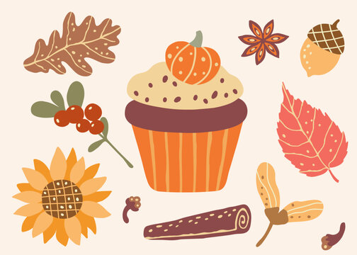 Cupcake, berry, spice, sunflower and forest leaves. Autumn mood clipart. Fall season. Set of vector illustrations.