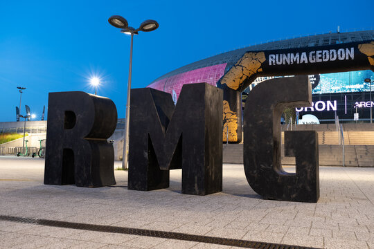Runmageddon logo sign outside Tauron Arena Krak&oacute;w hall, sports and entertainment venue. Extreme run with obstacles course. Competition signboard with logotype on May 13, 2023 in Krakow, Poland.