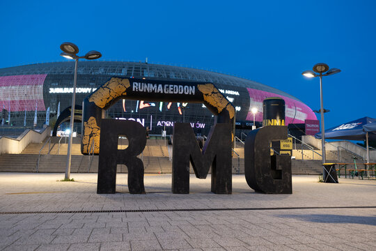 Runmageddon logo sign outside Tauron Arena Krak&oacute;w hall, sports and entertainment venue. Extreme run with obstacles course. Competition signboard with logotype on May 13, 2023 in Krakow, Poland.