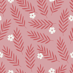 Summer seamless pattern with flowers and tropical leaves. Vector illustration