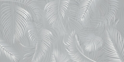 White palm tree leaves on light gray background. Tropical palm leaves, floral pattern vector illustration.