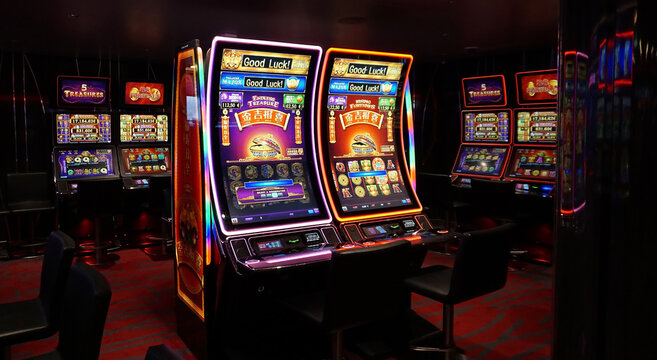 Barcelona, Spain - May 25, 2023: Interior of slot machines in gambling casino on board cruise ship MSC Grandiosa