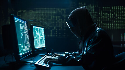 Hacker sitting in the dark at the computer. AI Generated